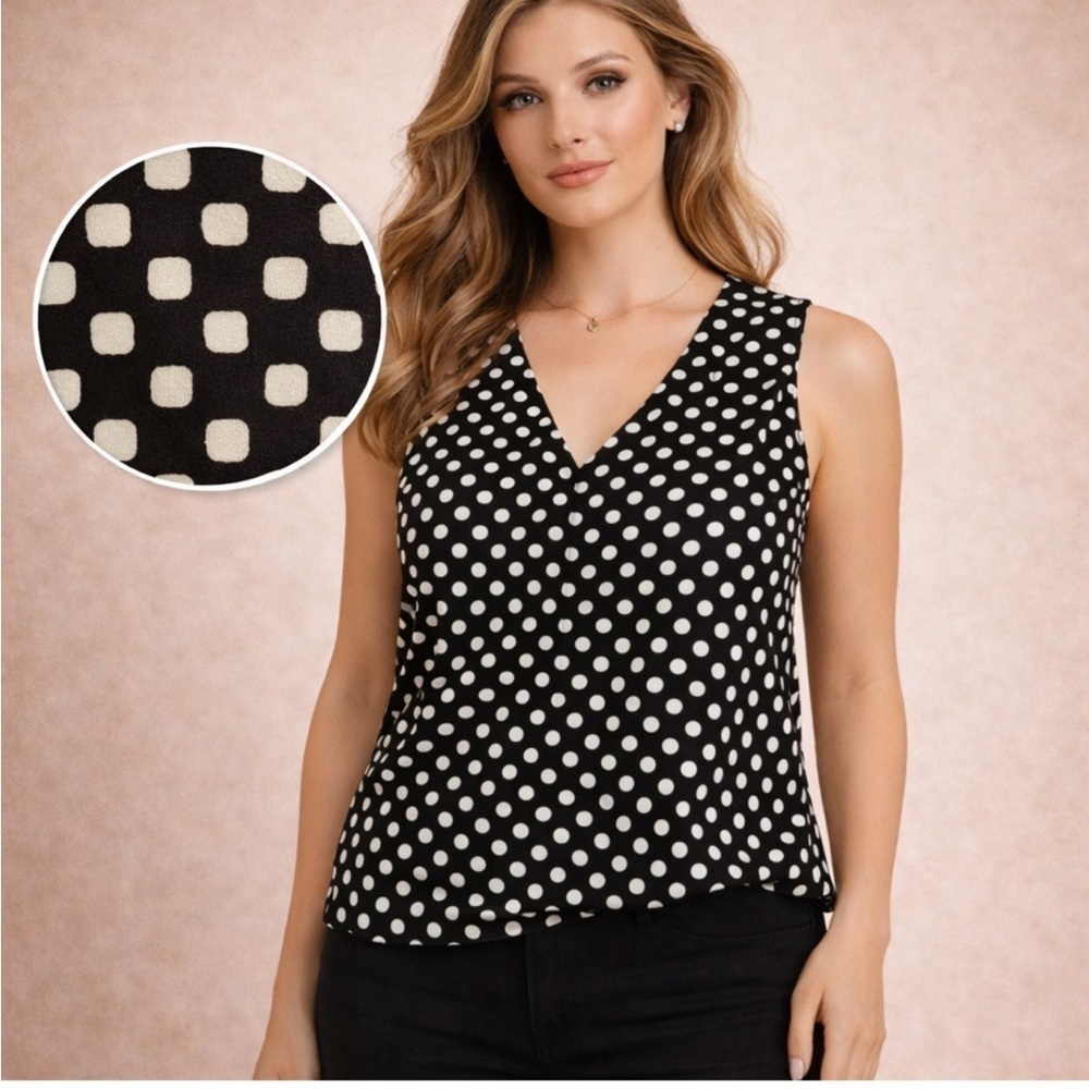 BANANA REPUBLIC Black & White Polka Dot Sleeveless V-Neck Blouse Size M